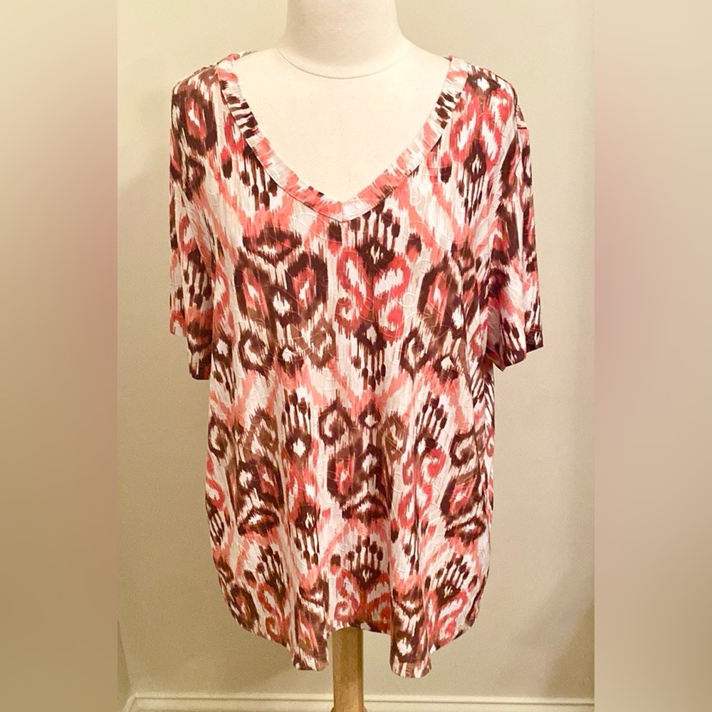 JM Collection Women Ikat Print SZ 2X Cream Orange Brown Boho Hippie Summer Top